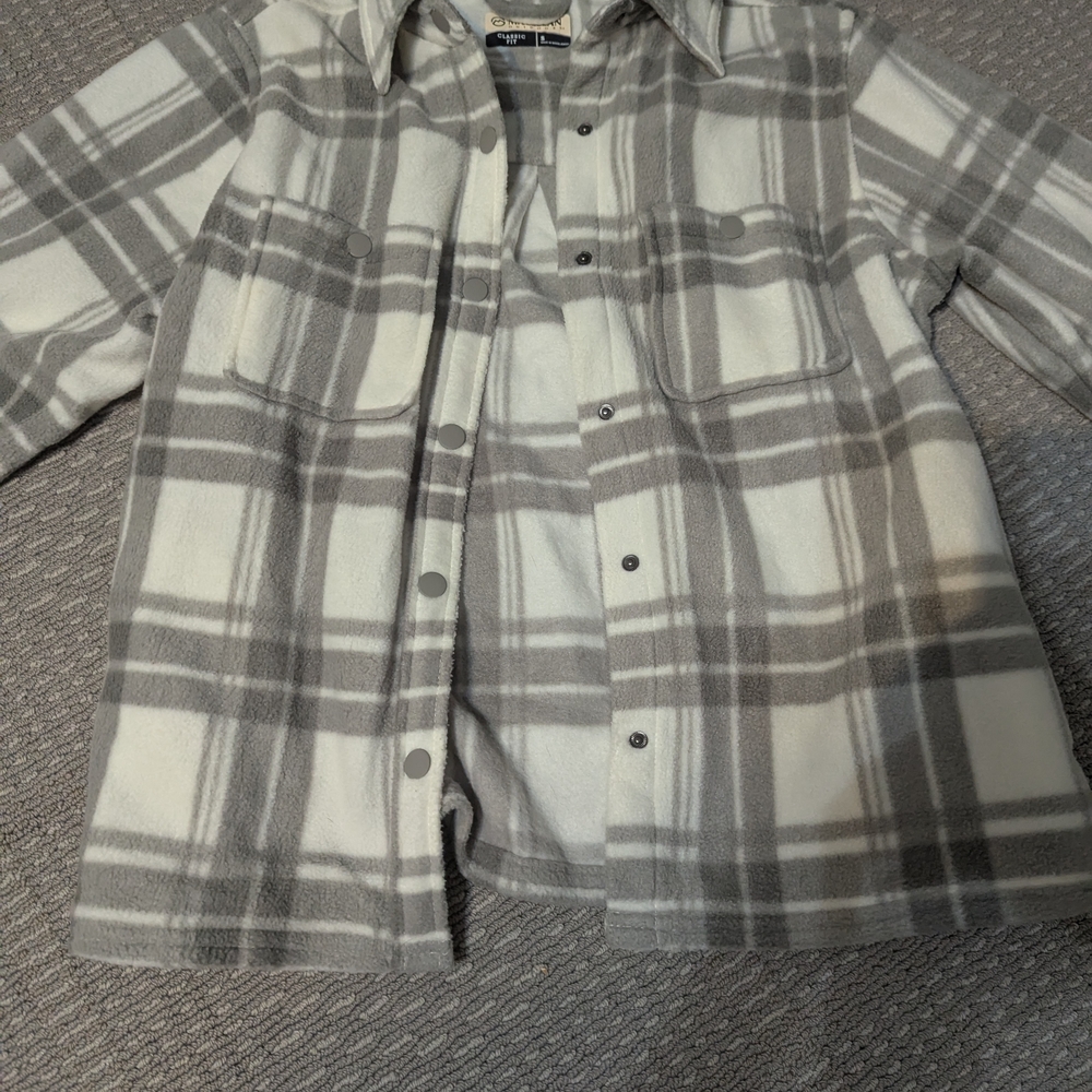 Gray and White Plaid Fleece Jacket